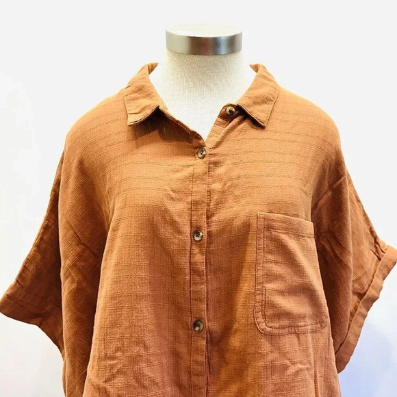 NWT SONOMA Women Short Sleeve Pullover Button Down Cotton Brown Shirt Size 4X - Picture 2 of 12